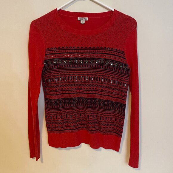 Womens Merona Cowl Crew Neck Sweater Red Sequin Geometric Stripes Size Small - Picture 1 of 3